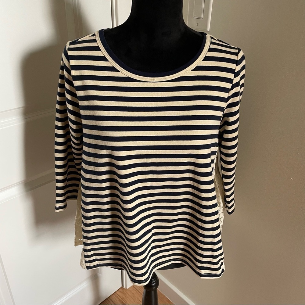Anthropologie Lily’s Closet Blue Cream 3/4 Sleeve Lace Side Shirt EUC Size M
